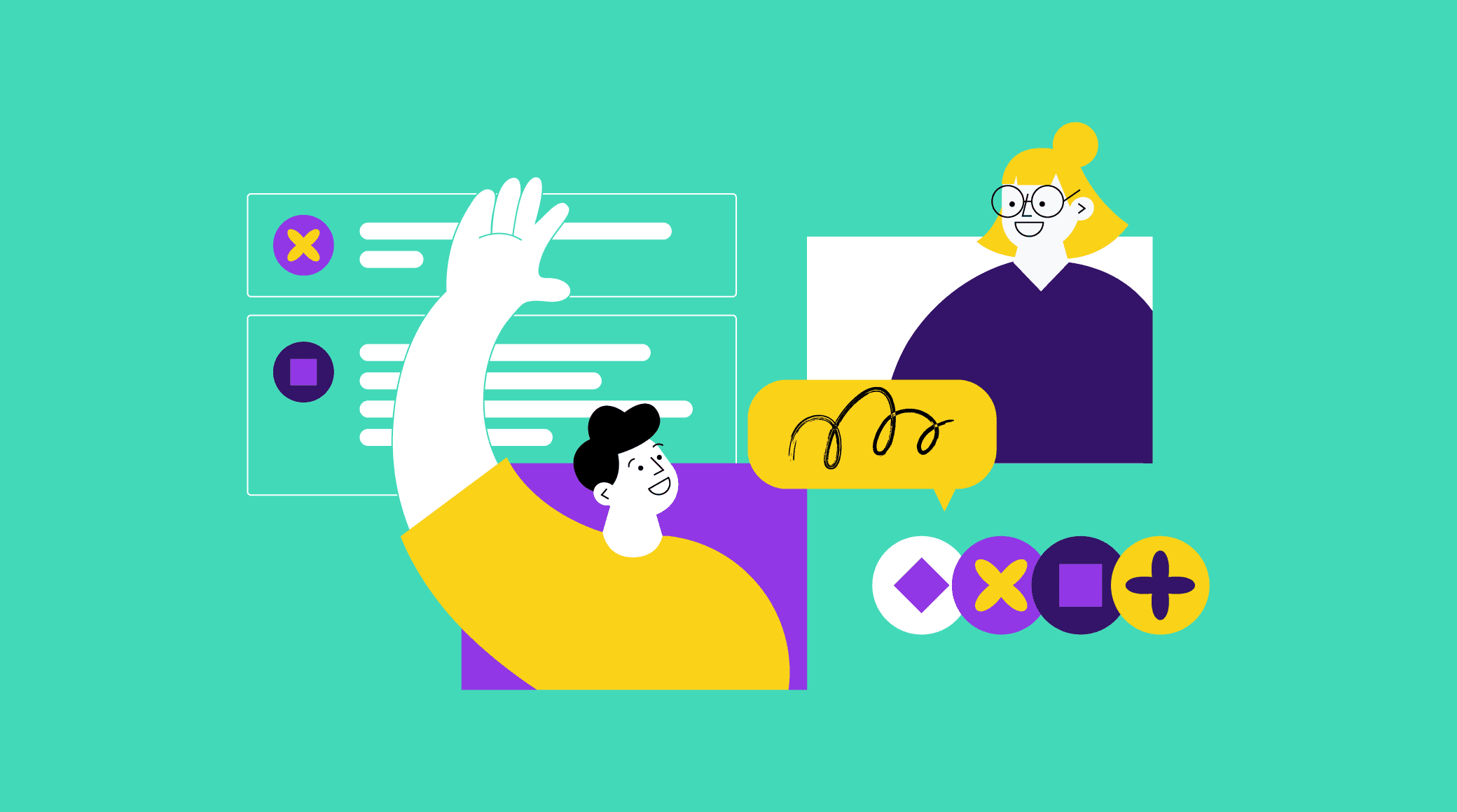 illustration of a community member waving through their screen at another community member