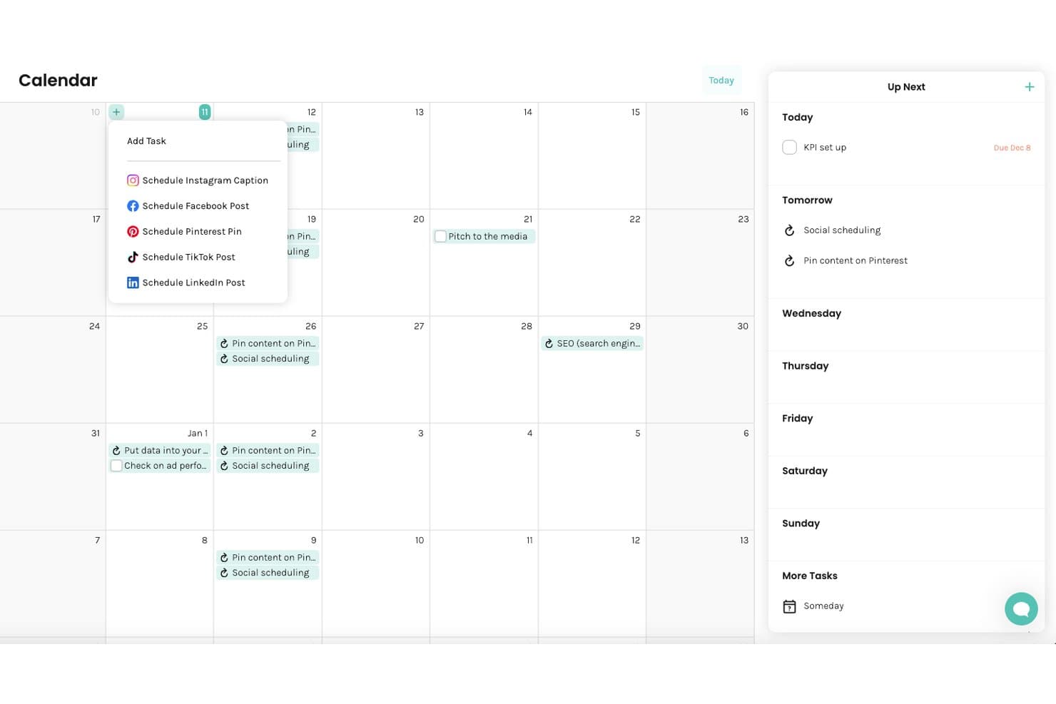 Interfaccia del calendario Enji che mostra il menu di pianificazione delle attività con opzioni per i post sui social media e il pannello Prossimi