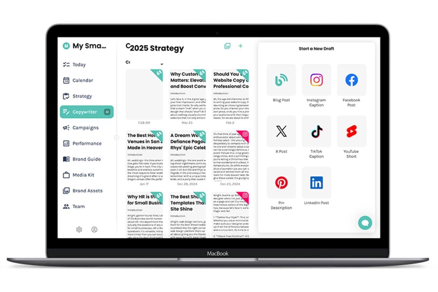 Enji-appdashboard met AI-tekstschrijver en opties voor het opstellen van content op een MacBook.