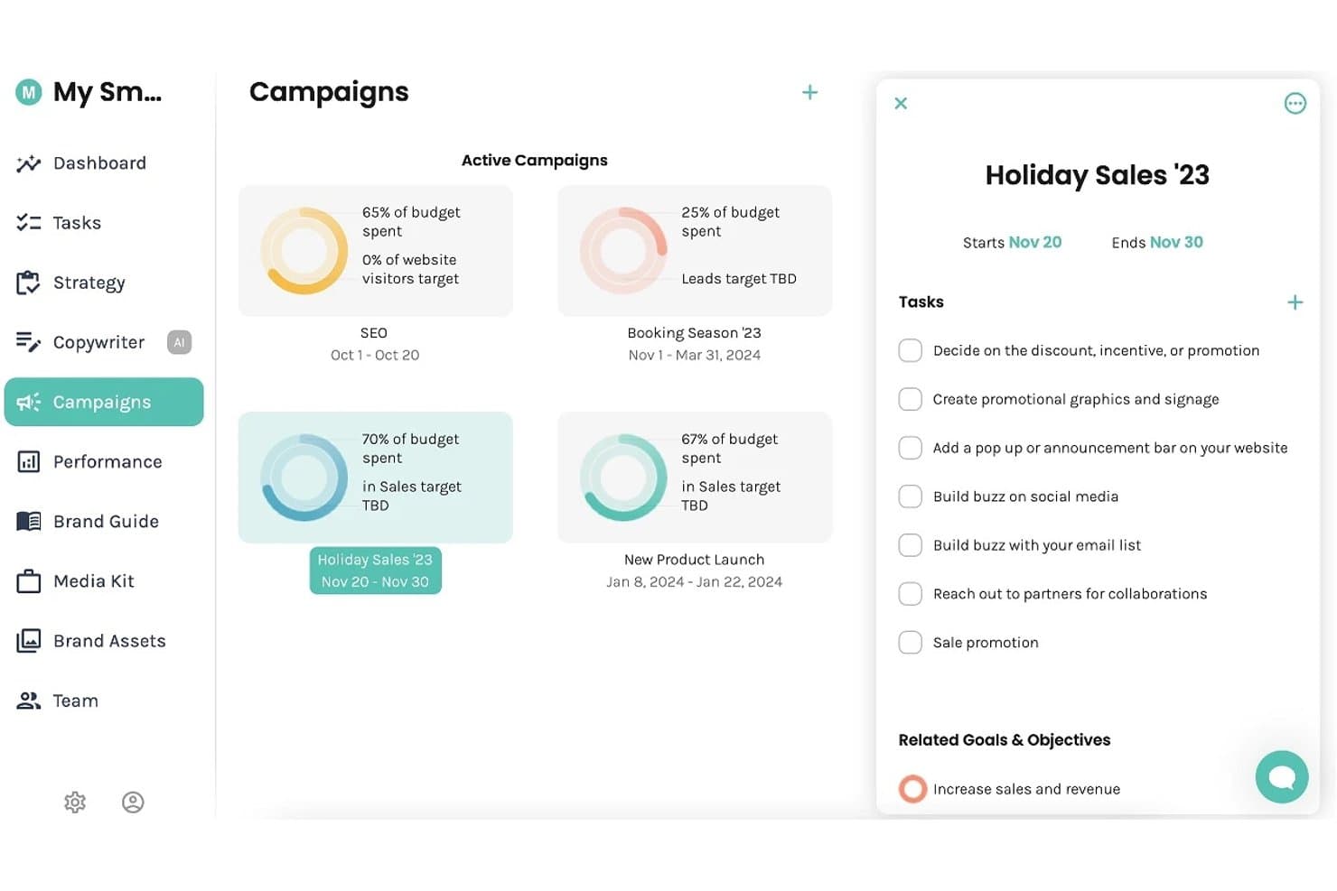 Dashboard campagne Enji che mostra le campagne attive con il progresso del budget e il pannello attività Holiday Sales 23.