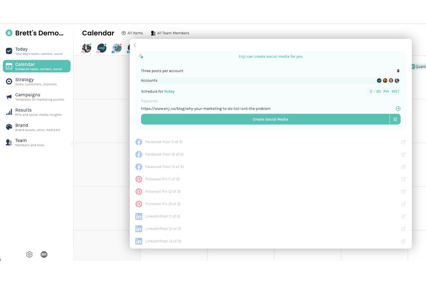 Enji calendar UI showing AI social media post generator with Facebook, Pinterest, and LinkedIn posts listed.