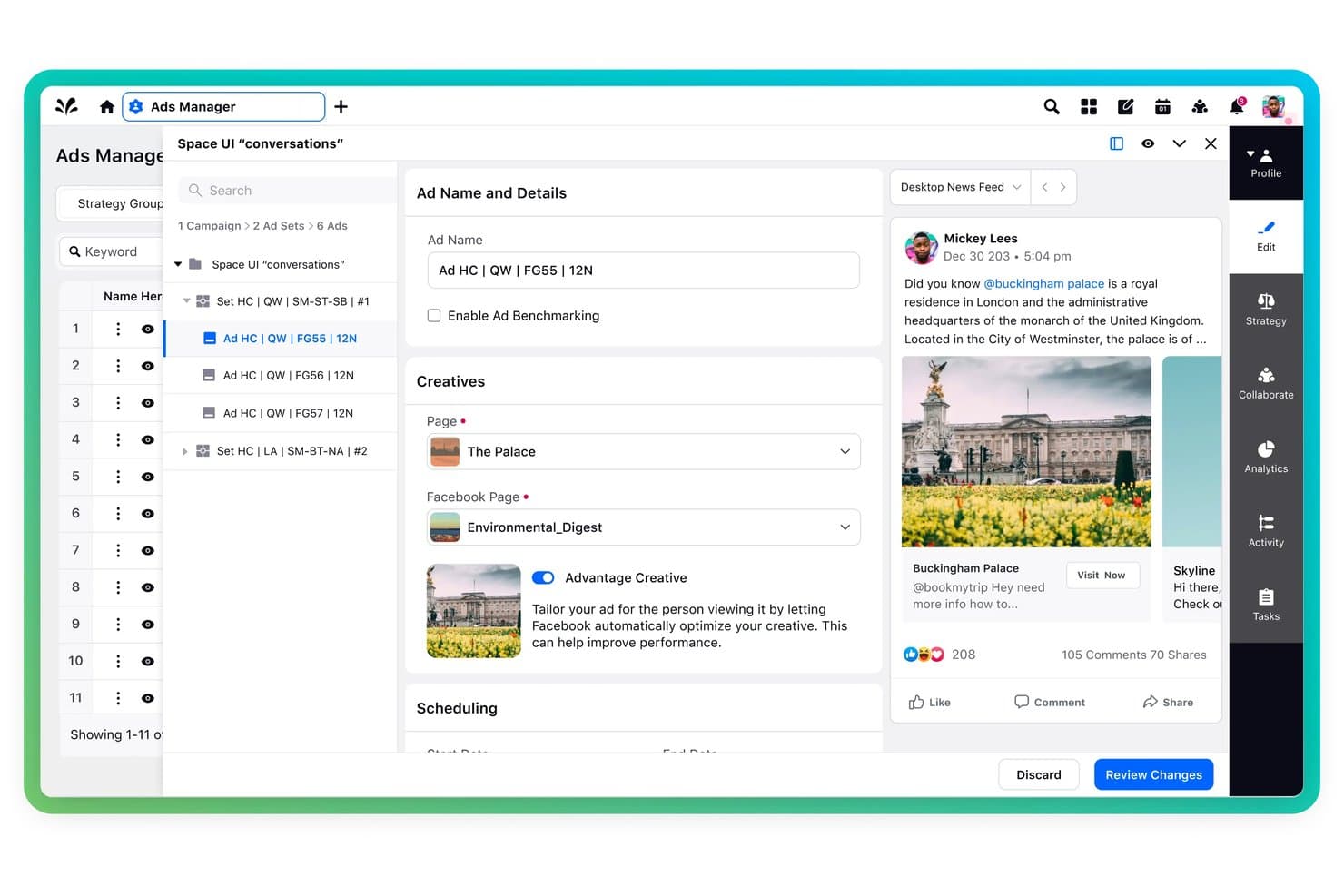 Gestore degli annunci di Sprinklr Marketing con nome dell'annuncio, creatività e anteprima dell'annuncio Facebook.
