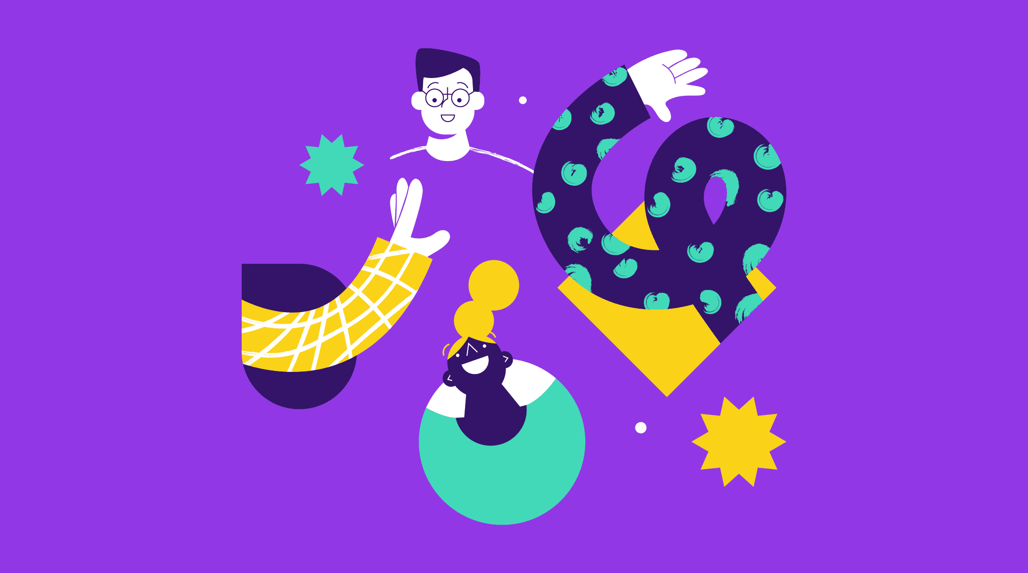 illustration of a community manager overseeing hands high-fiving and people connecting