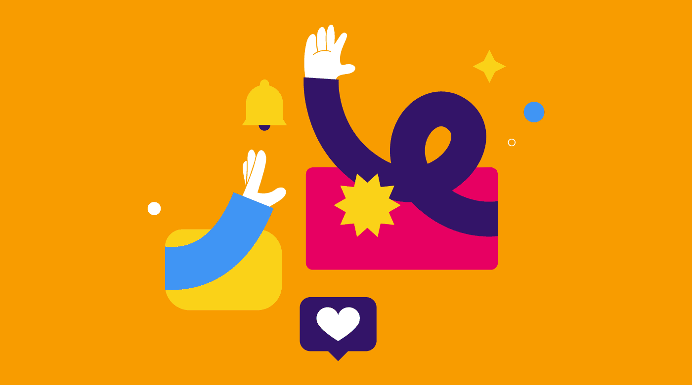 illustration of two people high-fiving with notification symbols surrounding them