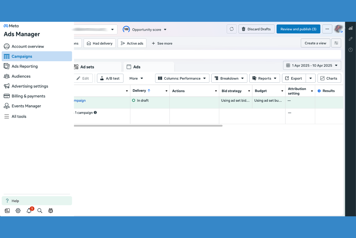 Meta Ads Manager screenshot - I 10 migliori software per la pubblicità sui social media nel 2026