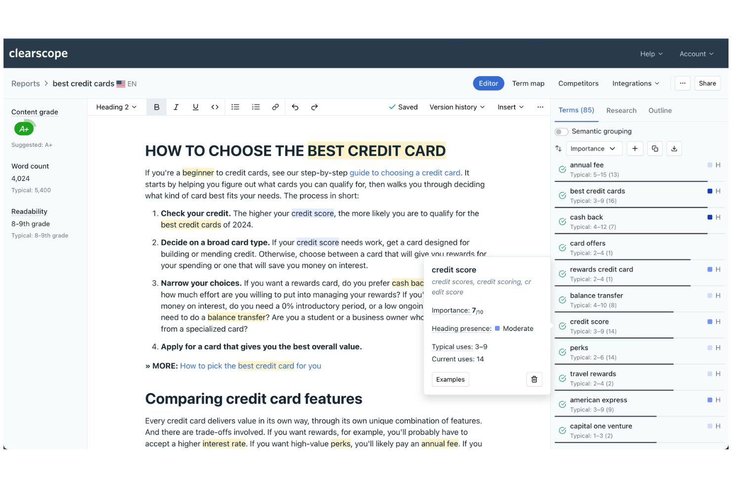 Clearscope screenshot - 10 Migliori software per contenuti nel 2026