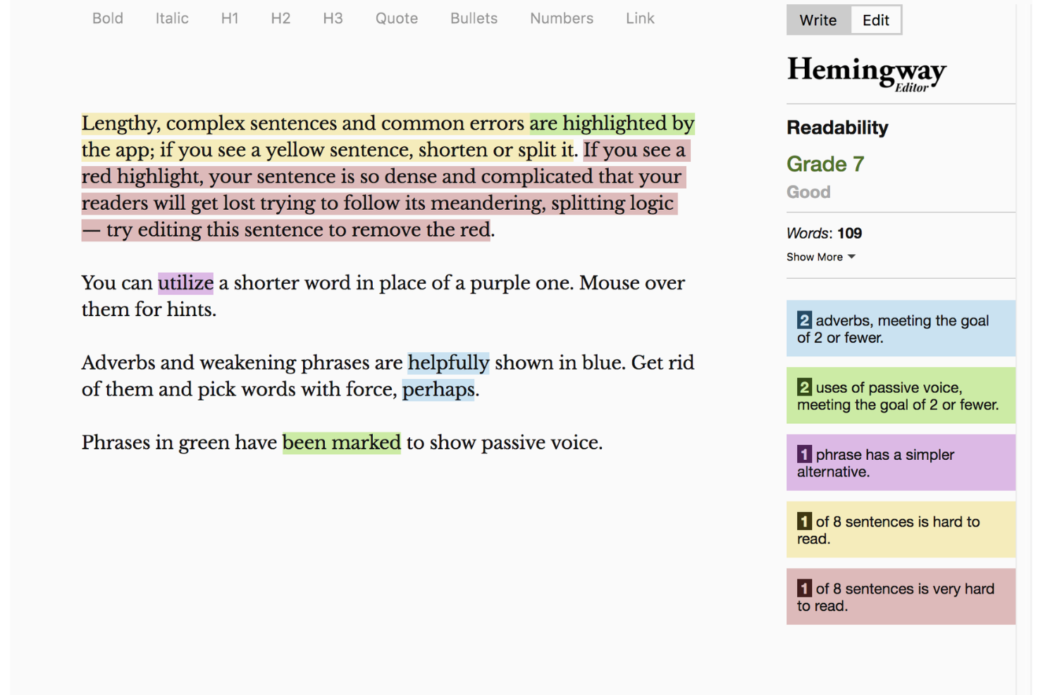 Hemingway Editor screenshot - 10 migliori software per la scrittura di contenuti nel 2026