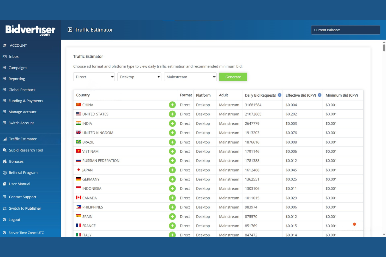 Bidvertiser screenshot - 10 Migliori Reti Pubblicitarie nel 2026