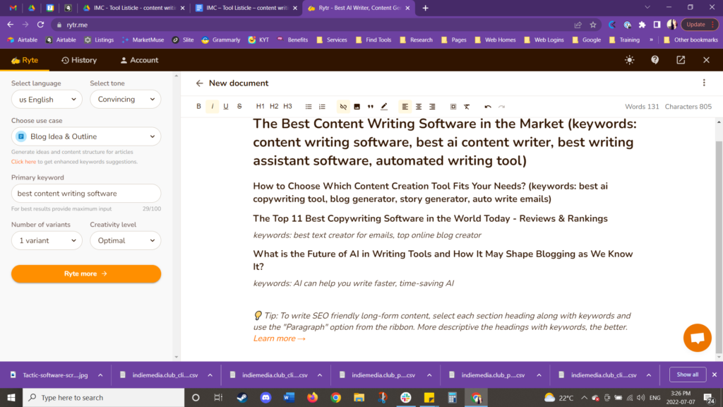rytr content writing software screenshot
