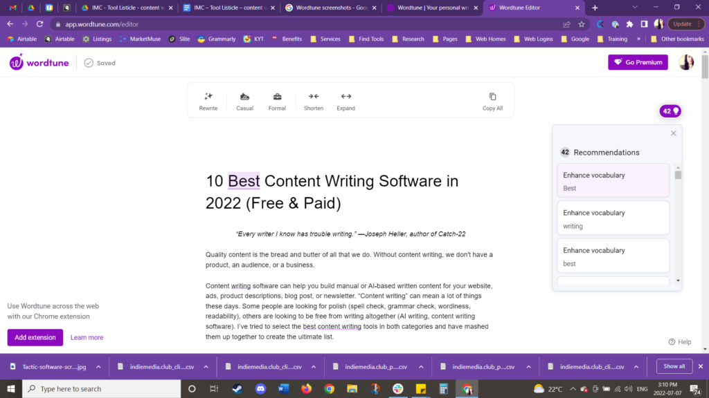 wordtune content writing software screenshot