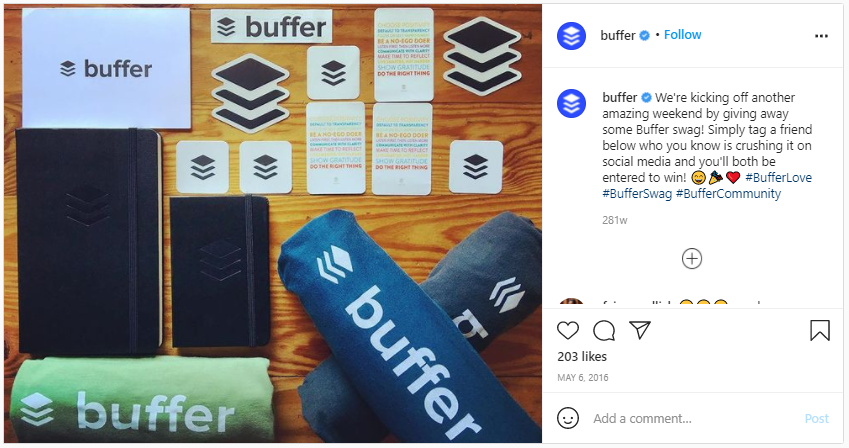A screenshot of an Instagram post by Buffer, the social media scheduler, about how they are giving away physical promotional products despite being a digital media brand